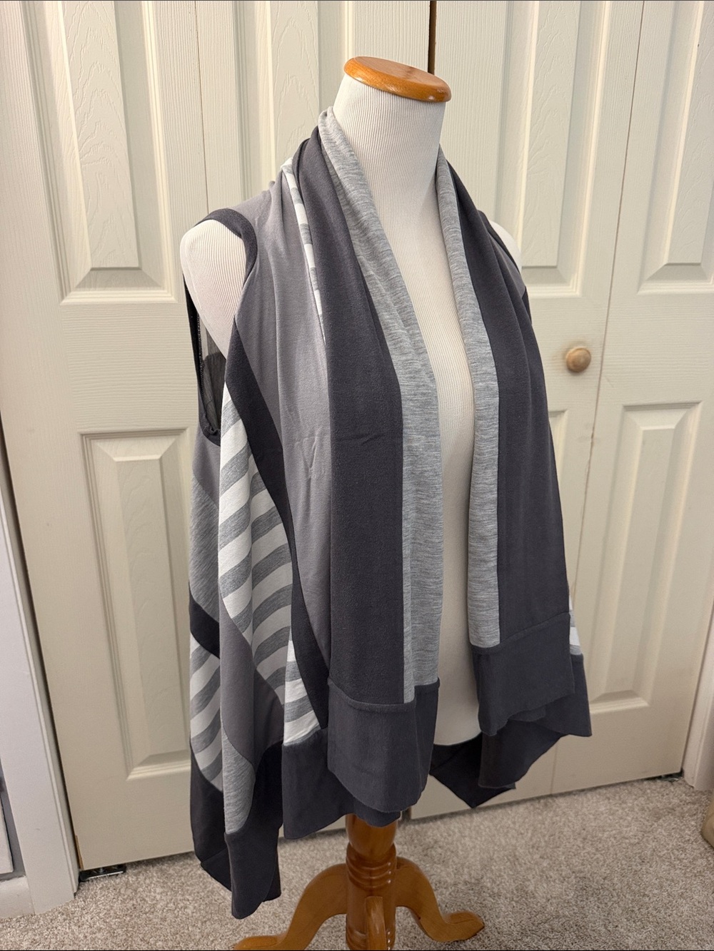 Gray Striped Open-Front Women's Sweater Vest